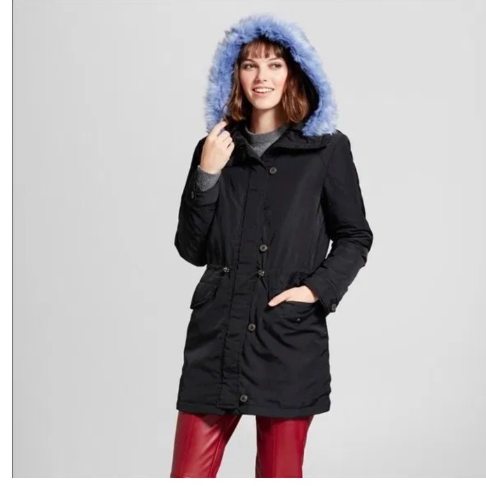 NWT Black Parka with blue faux fur trim size M - Picture 1 of 3